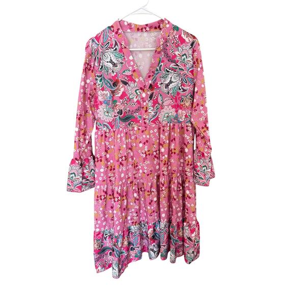 Unknown Dresses & Skirts - Pink Boho Floral Tiered Long Sleeve Dress – Size L